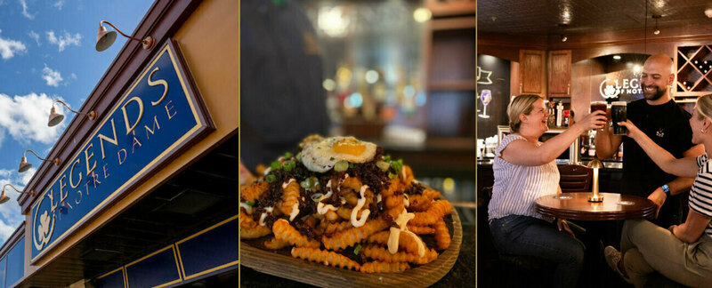 Triptych featuring Legends sign, a plate full of Legends loaded fries appetizer, and three friends smiling as they toast each other with glasses of beer