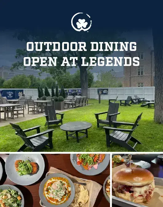Outdoor dining area at Legends with black Adirondack chairs and tables on grass. Below, a collage of various prepared food dishes.