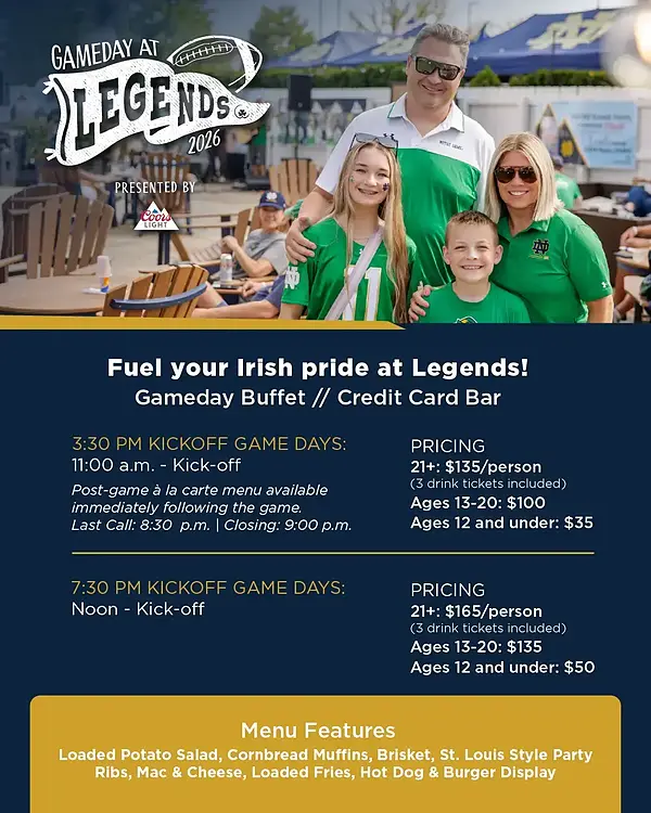 Family wearing Notre Dame green cheers at a gameday buffet event.